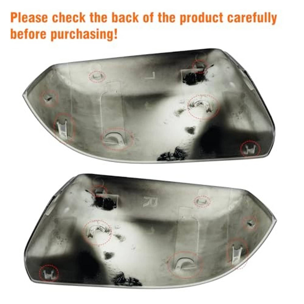 Back view of two glossy black mirror covers with mounting clip points
