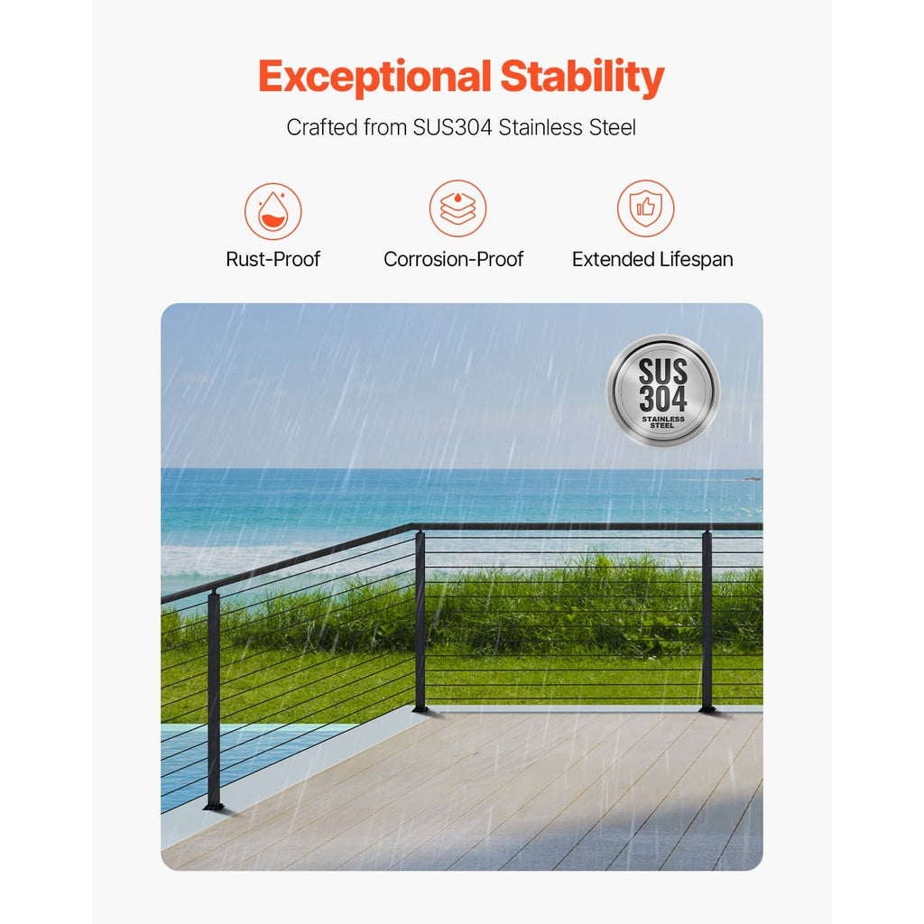 Black cable railing system with SUS304 stainless steel posts and cable holes