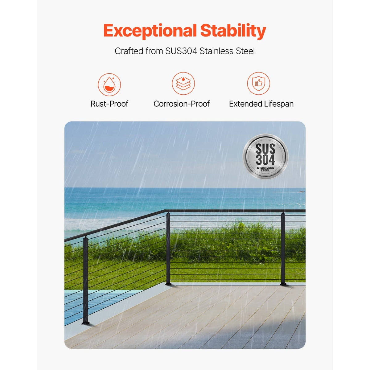 Black cable railing system with SUS304 stainless steel posts and cable holes
