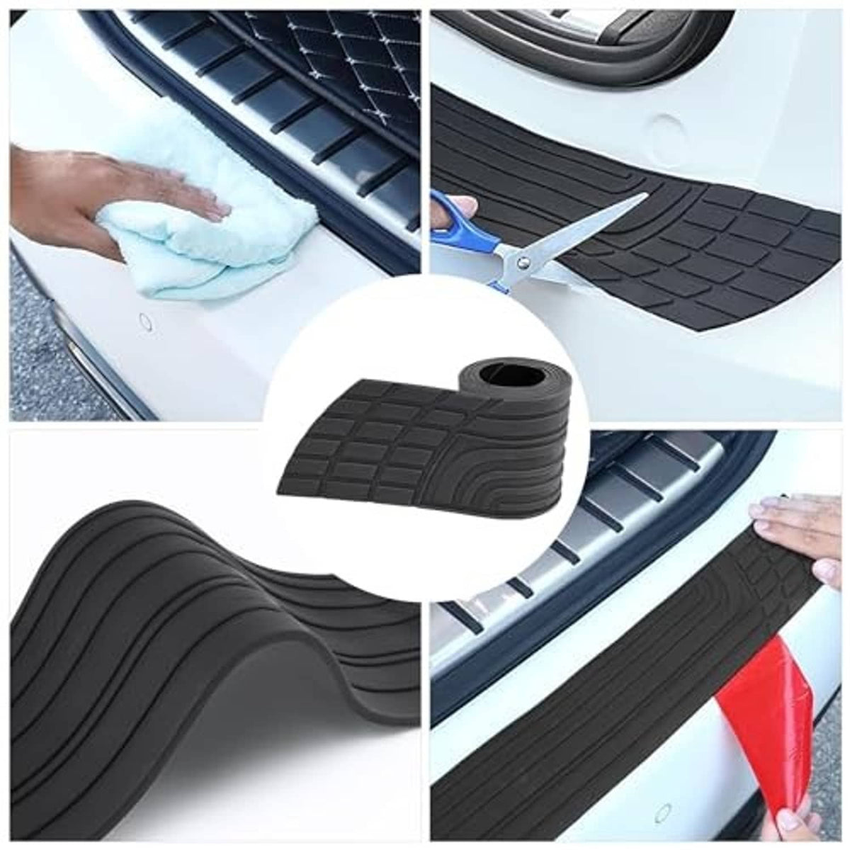 Black rubber protector strip being cleaned and trimmed, showing textured tread and holes.