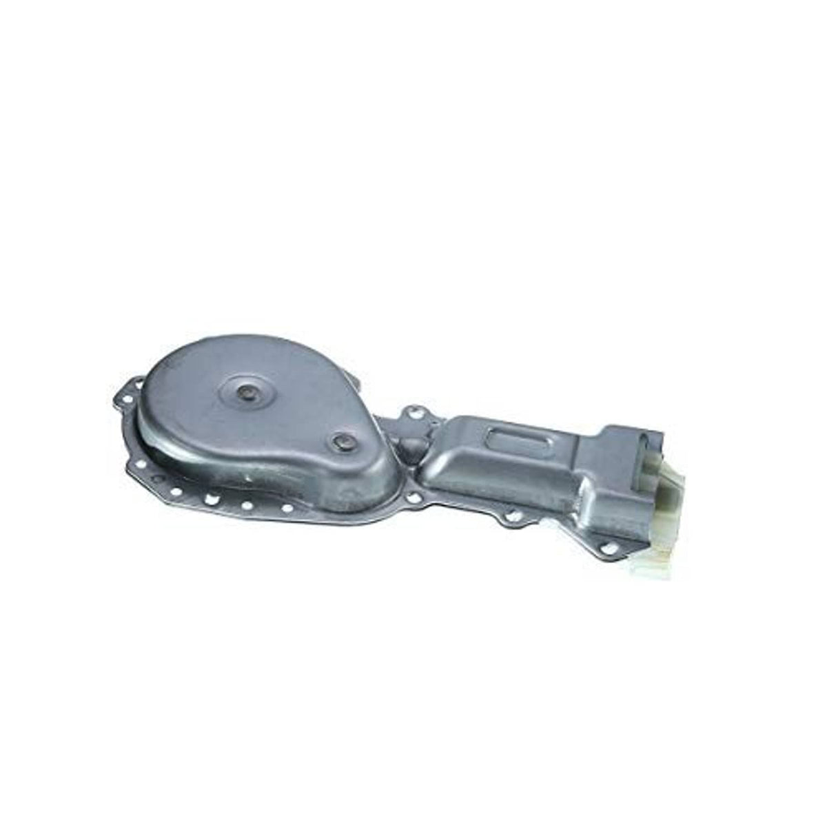 Gray power window motor assembly with round cover and electrical connector end