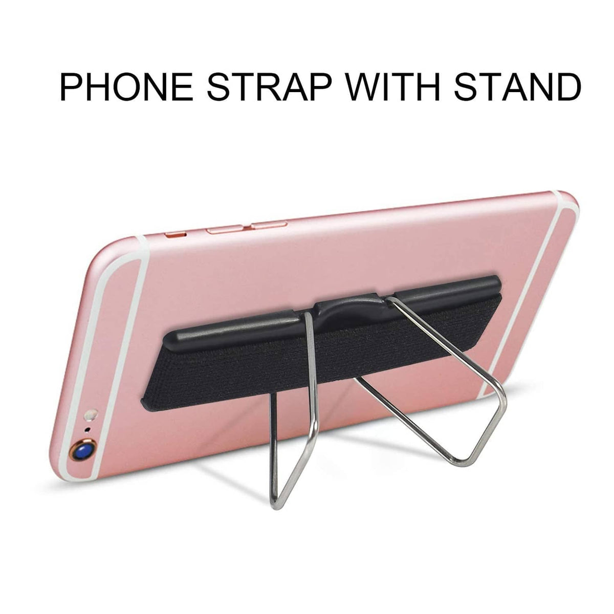 Phone strap with finger grip and fold-out stand, attached to a pink phone