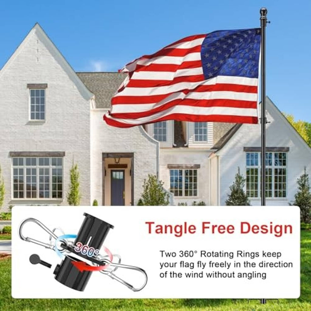 Black inground flag pole kit with tangle-free rotating rings shown at a home
