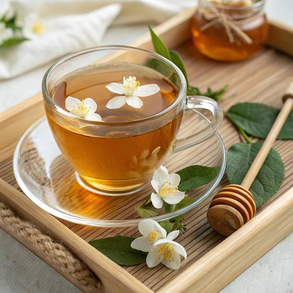 Amber jasmine green tea in glass cup with jasmine flowers and tea leaves