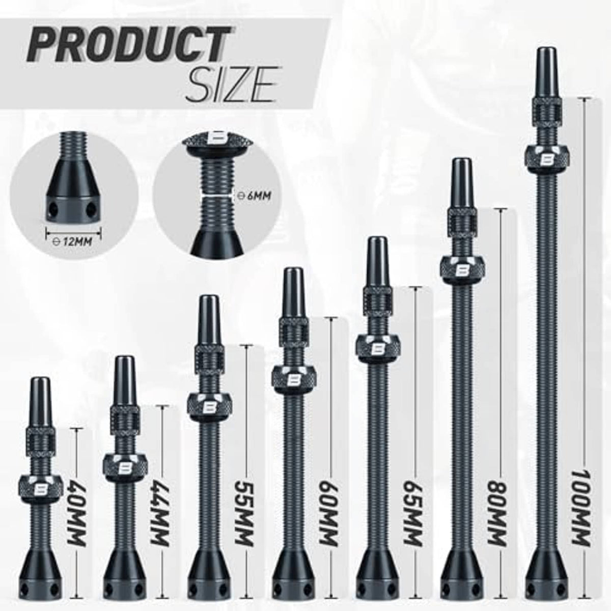 Set of gray Presta tubeless valve stems in multiple lengths with black collars