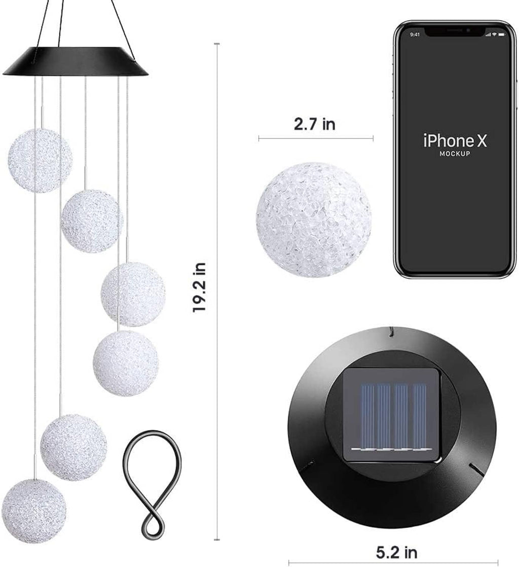 Solar wind chime with five silver glitter crystal balls and built-in solar panel