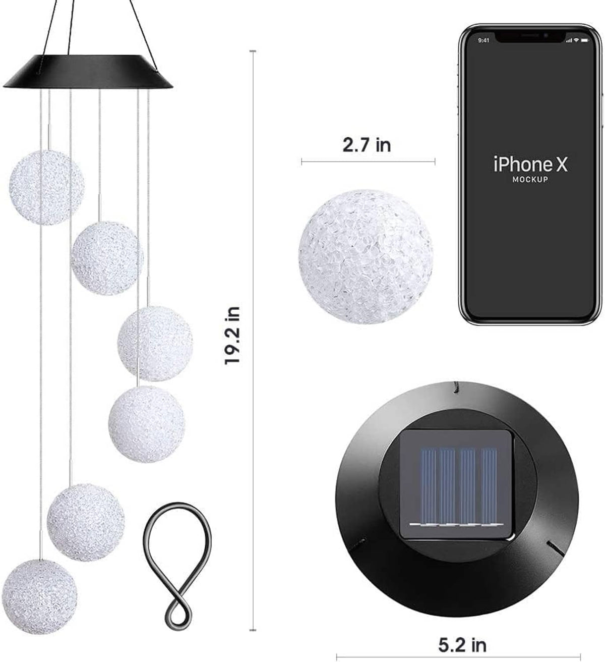 Solar wind chime with five silver glitter crystal balls and built-in solar panel