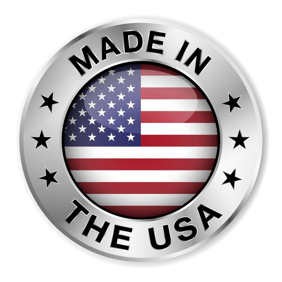 MADE IN THE USA badge with U.S. flag in round silver seal