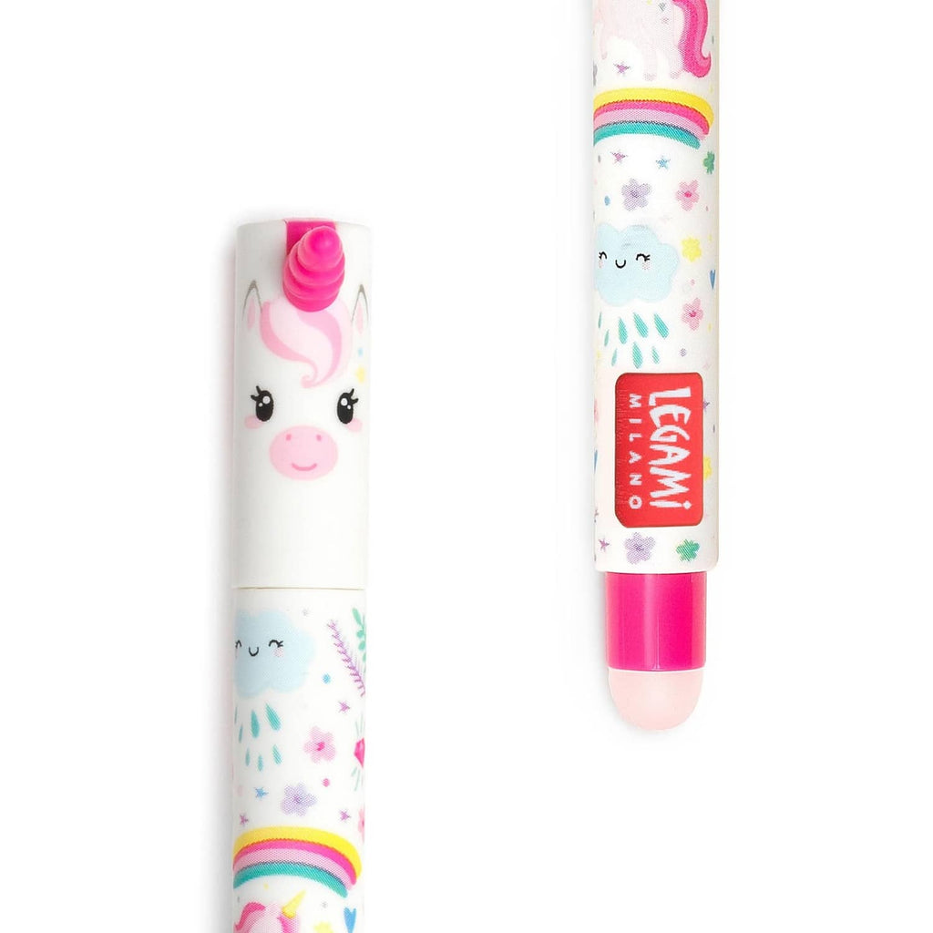 Close-up unicorn erasable gel pen with pink tip and cute farm-animal style barrel