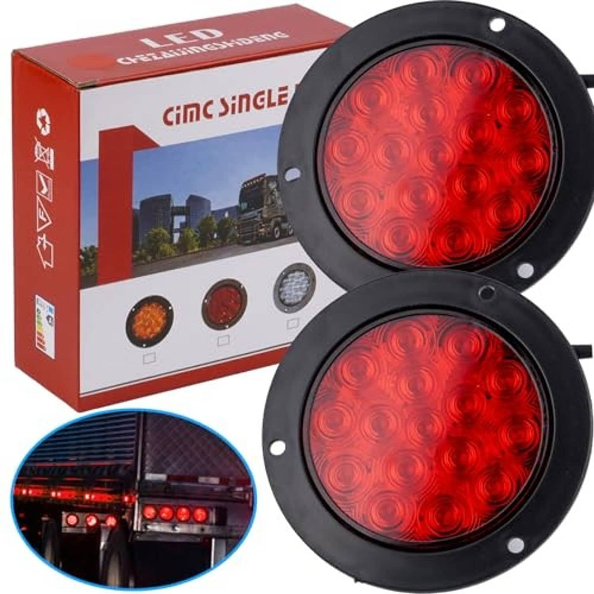 Pair of round red LED trailer tail lights with black housings and wire leads