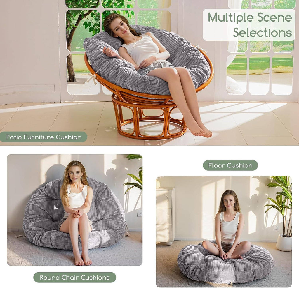 Gray round papasan cushion with tufted buttons for patio chair or floor seating