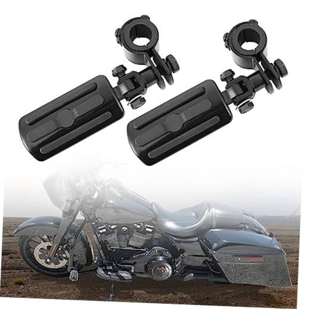 Pair of black motorcycle highway foot pegs with slotted step plates and clamp mounts