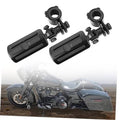 Pair of black motorcycle highway foot pegs with slotted step plates and clamp mounts