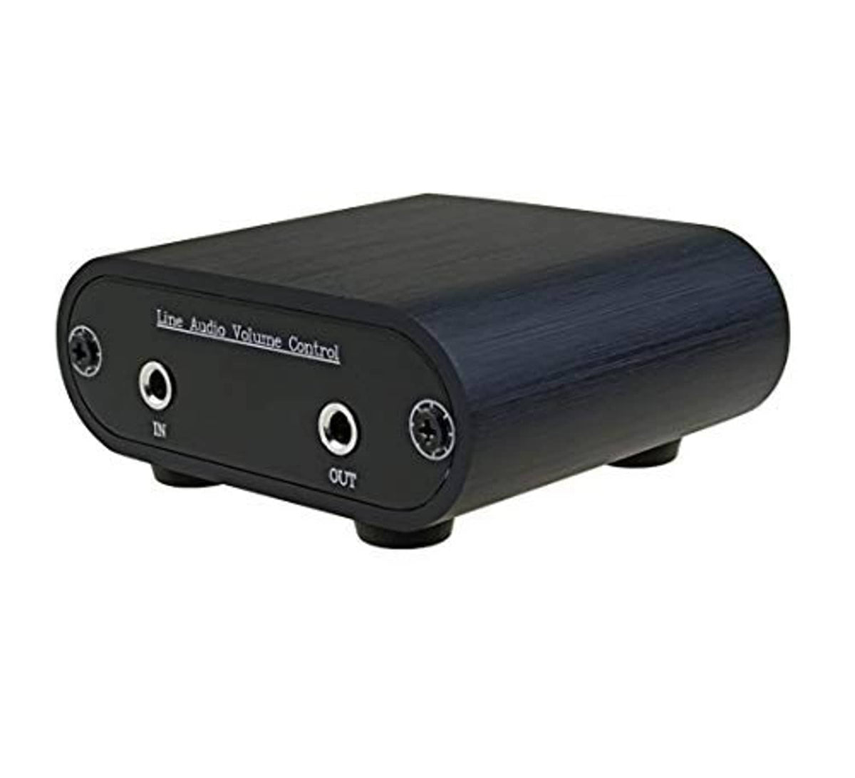 3.5mm line audio volume control box, dark blue metal, IN/OUT ports and volume knob.