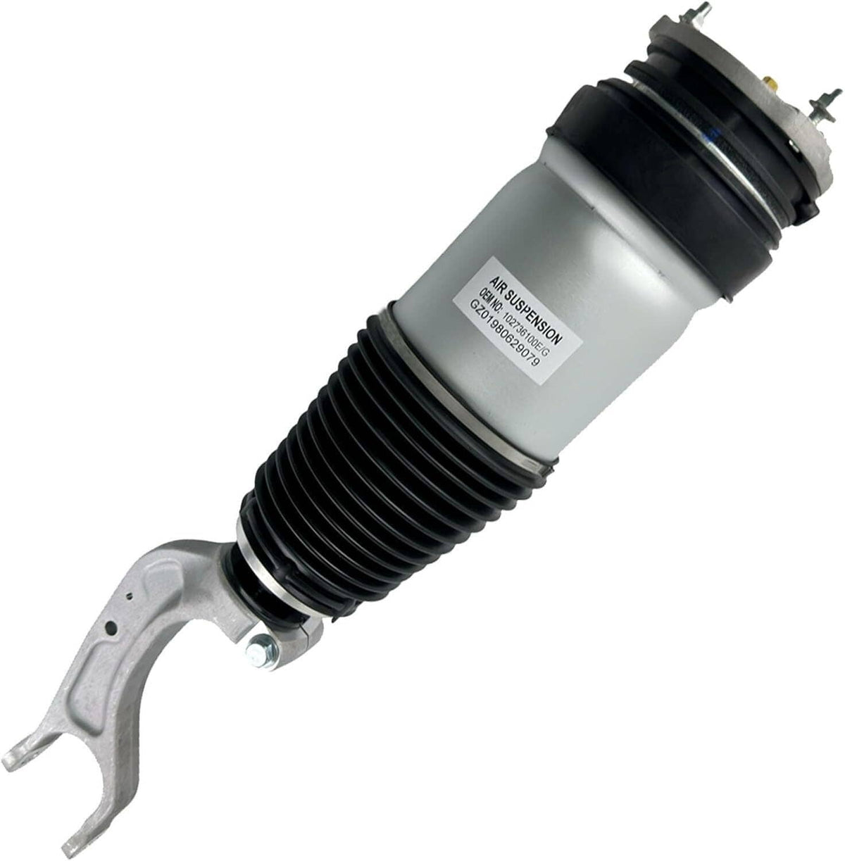 Front air suspension shock strut, silver body with black bellow and fork-shaped lower mount.