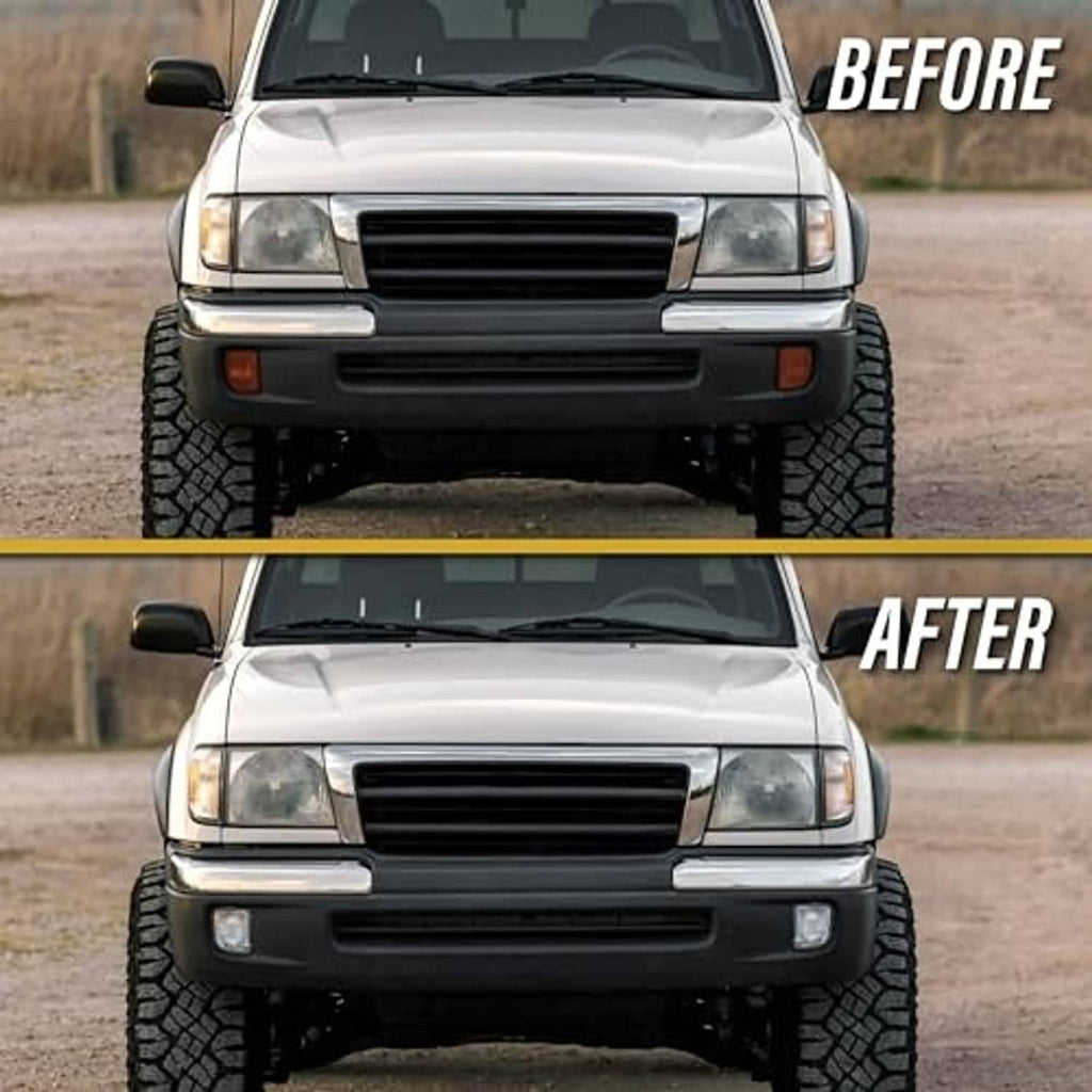 Clear turn signal lamps on a front bumper, two-panel comparison