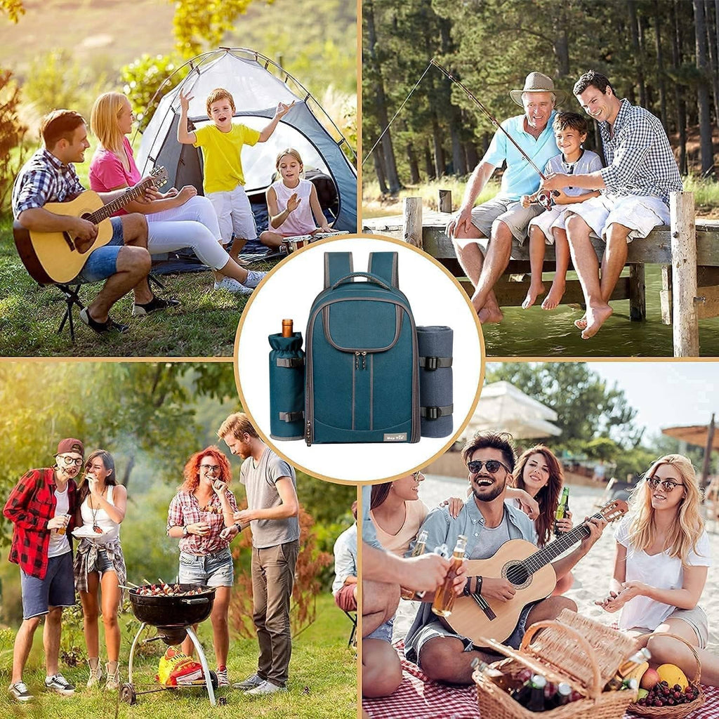 Teal picnic backpack shown in product inset with side bottle holder and handle view