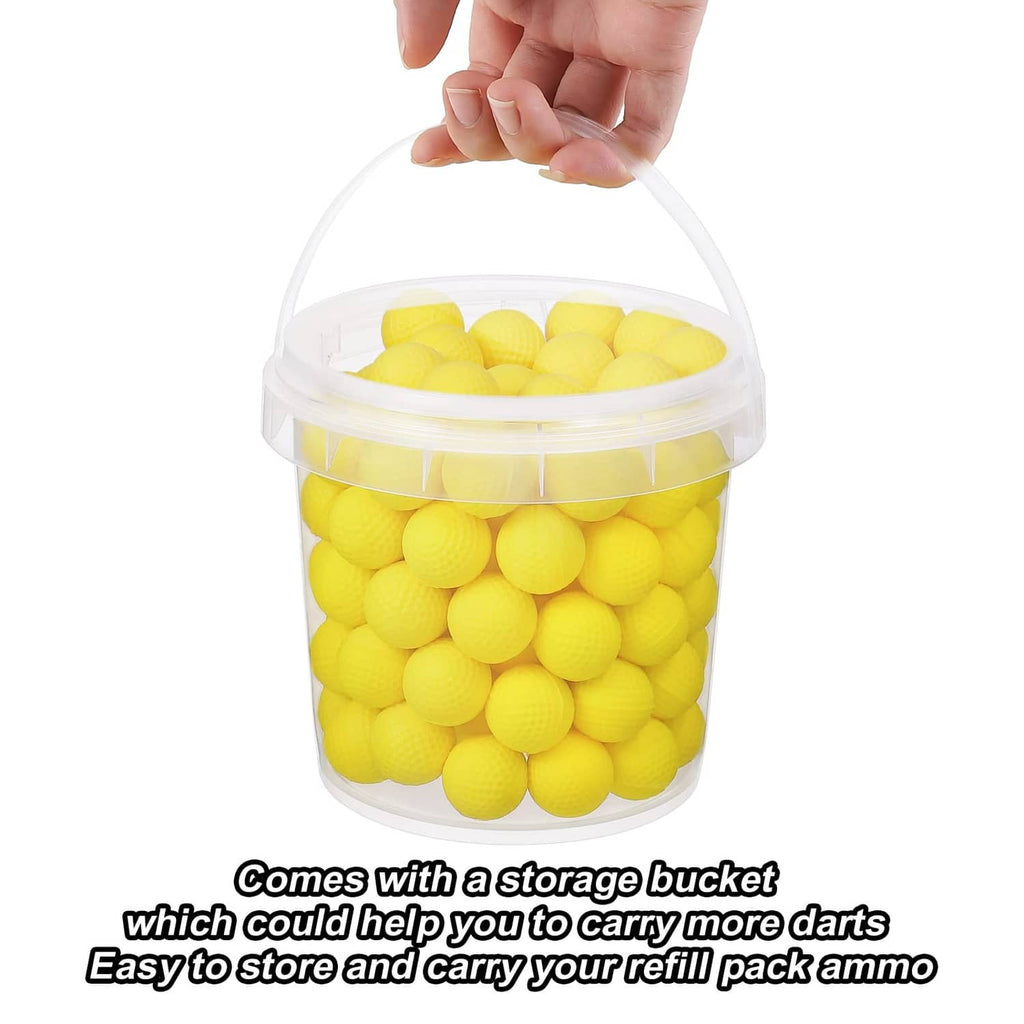 Clear plastic bucket storage filled with yellow foam ammo balls