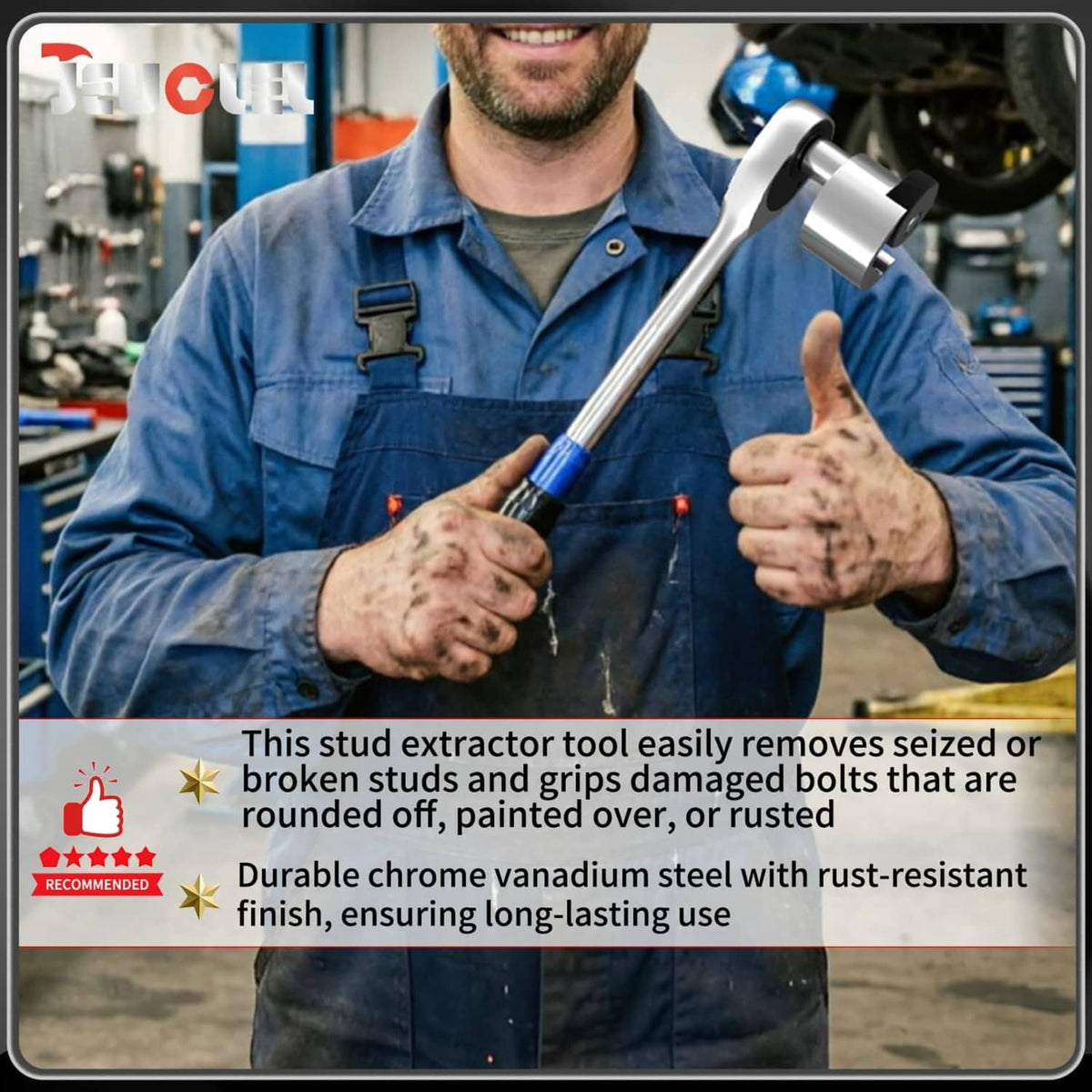 Mechanic holding chrome stud extractor tool for removing seized or broken studs