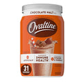 Ovaltine chocolate malt mix tub with front label and 12 oz size, orange lid and body