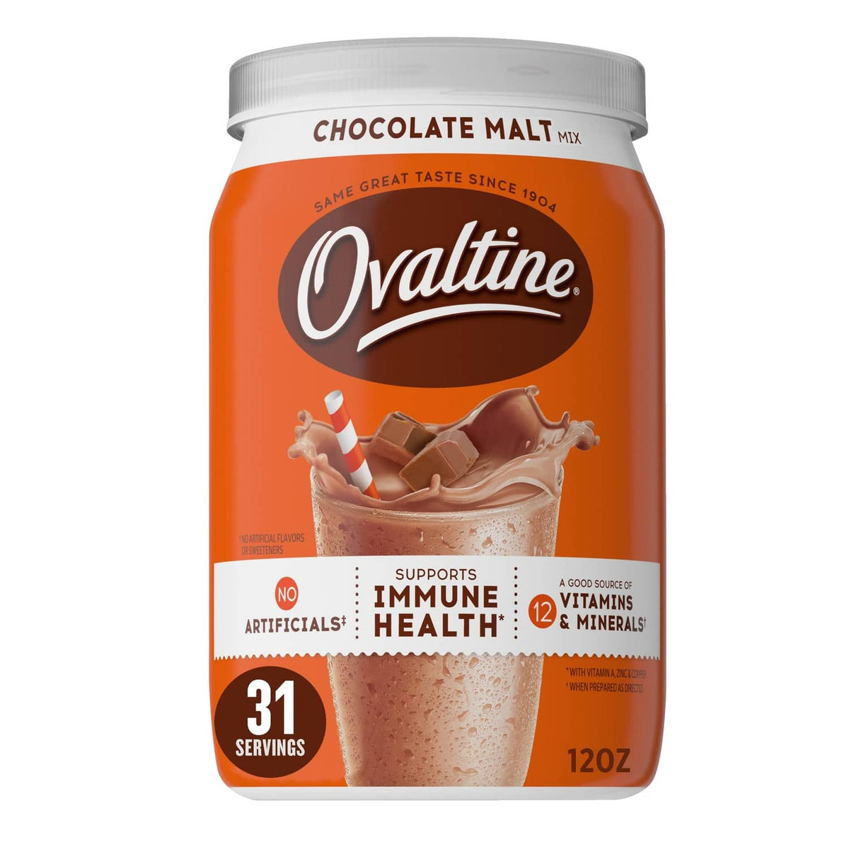 Ovaltine chocolate malt mix tub with front label and 12 oz size, orange lid and body