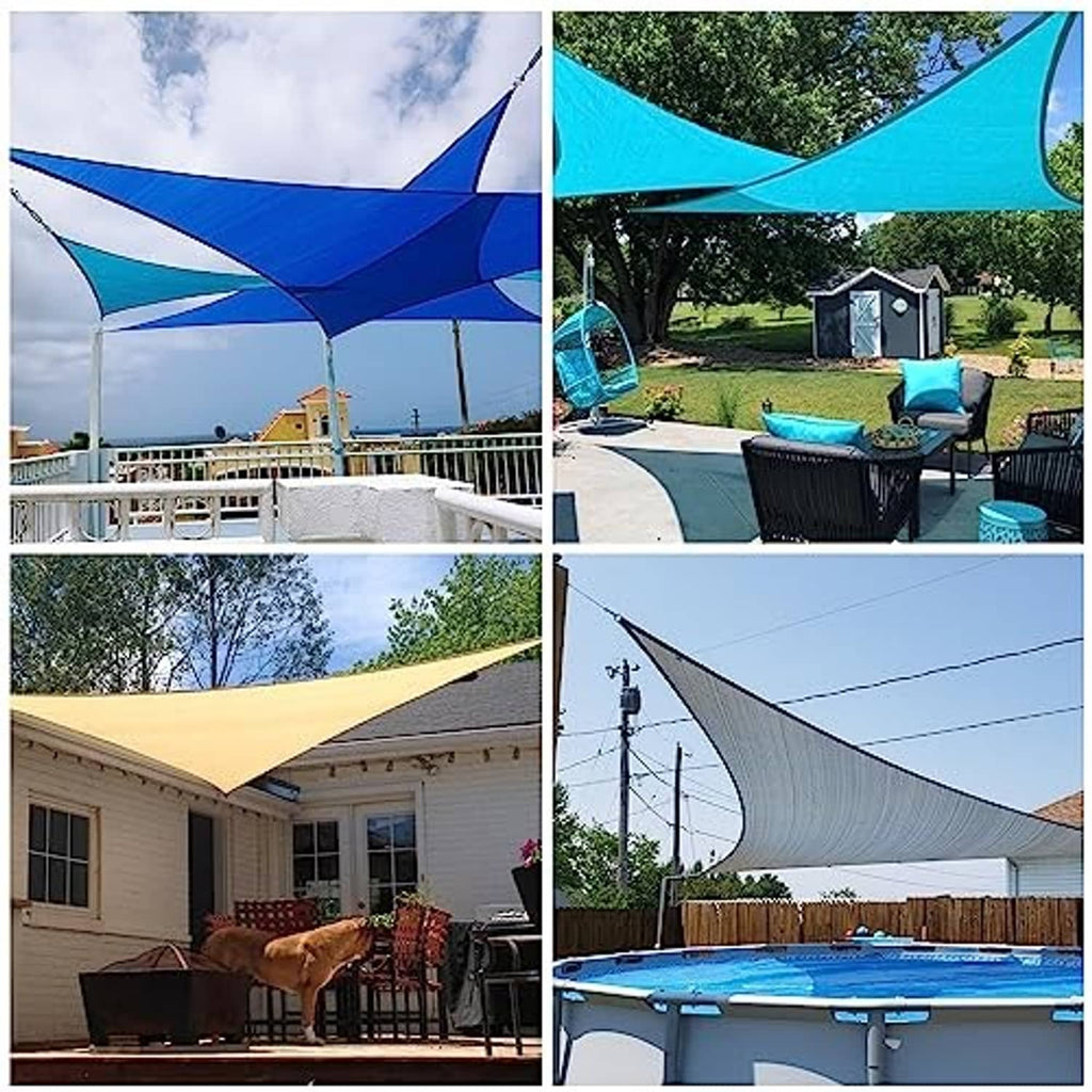 Triangular sun shade sail canopy in blue fabric, tensioned with corner ropes