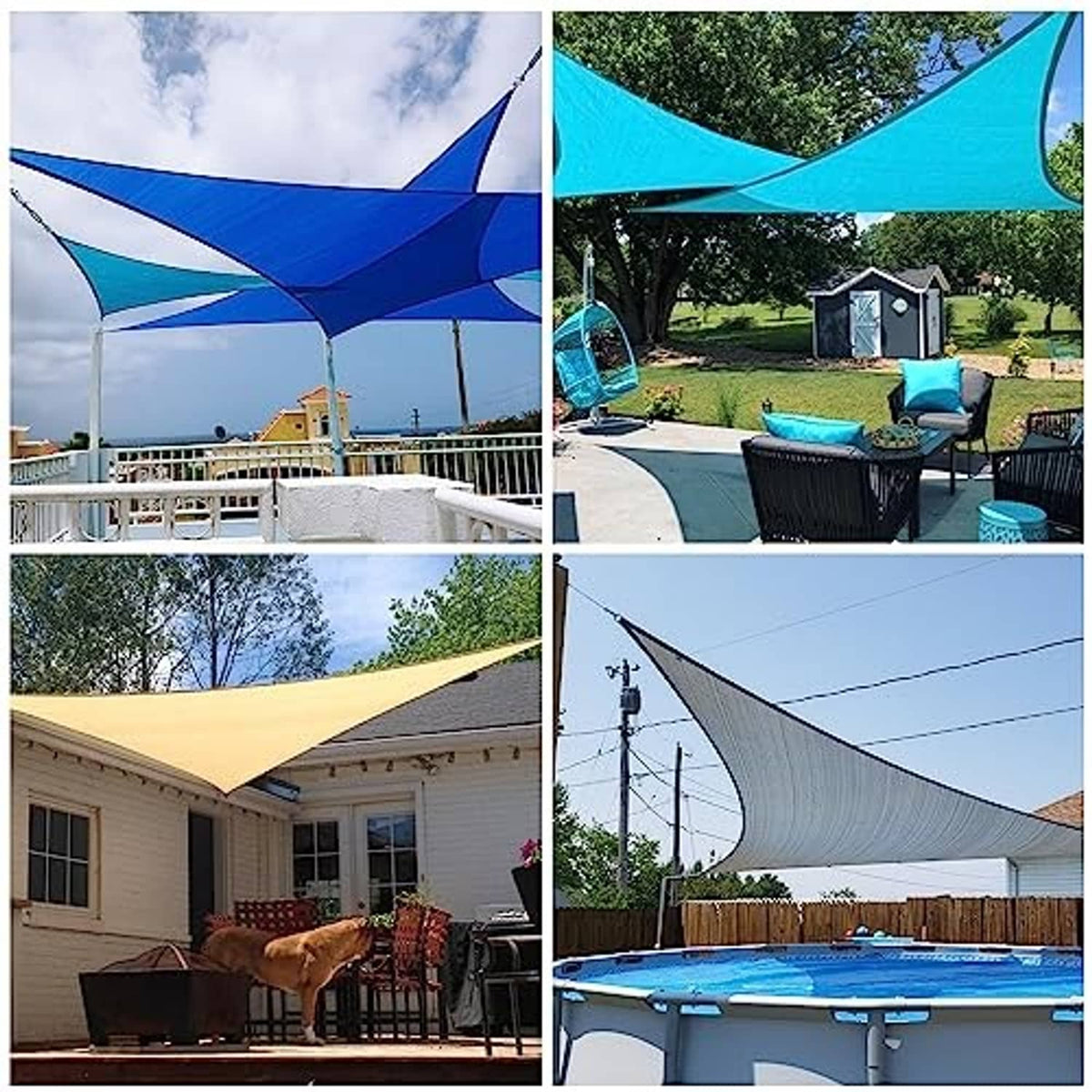 Triangular sun shade sail canopy in blue fabric, tensioned with corner ropes