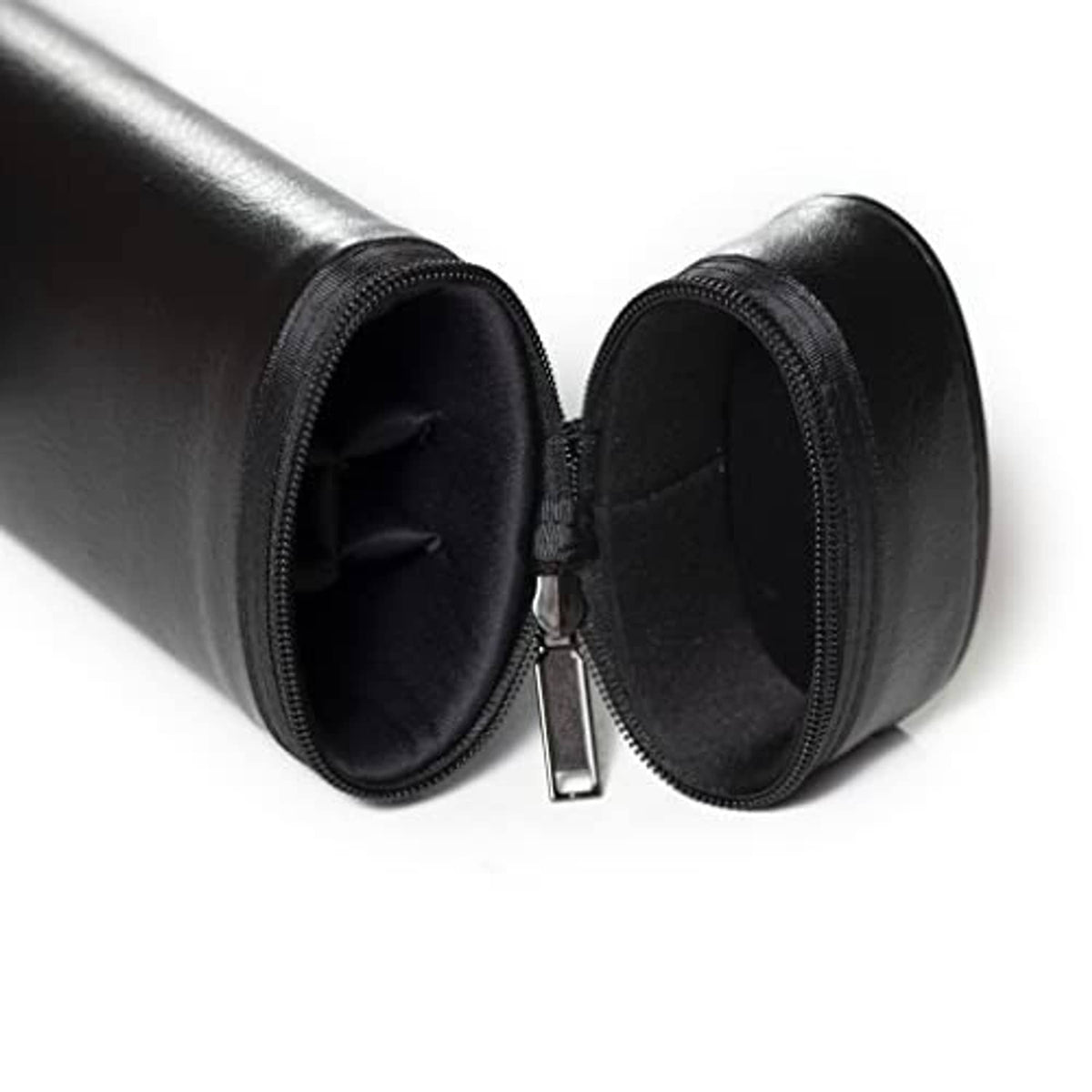 Black billiard cue case end view with two zip openings and textured fabric lining.