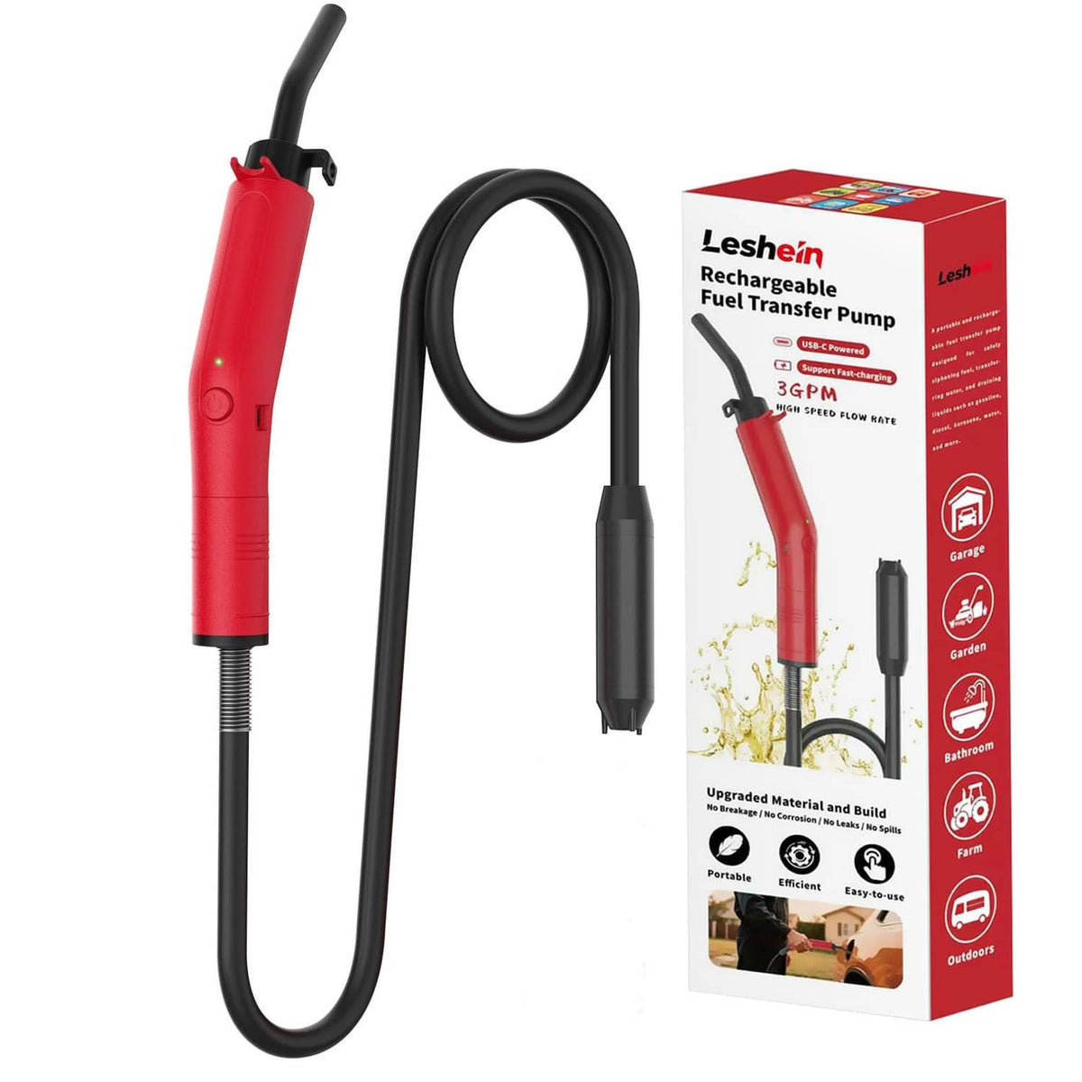 Red rechargeable fuel transfer pump kit with black hose, nozzle, and retail box