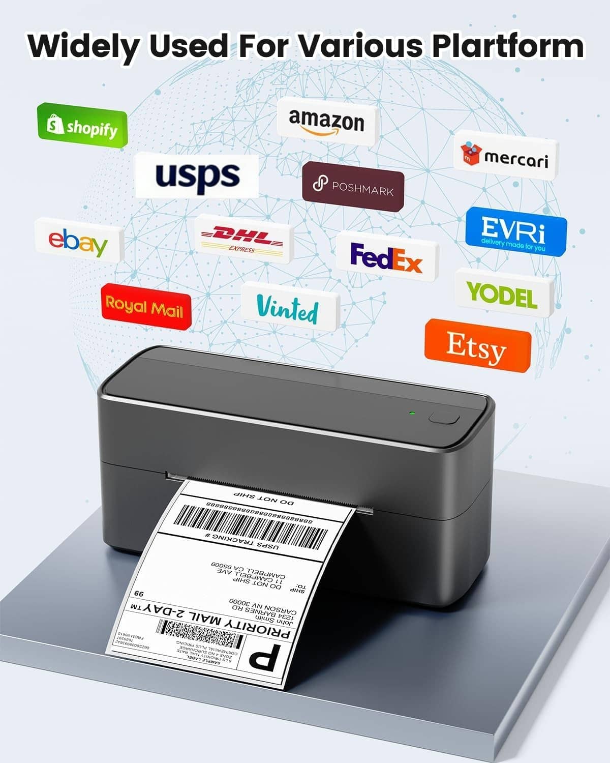 Gray 4x6 shipping label printer with stacked printed labels for shipping
