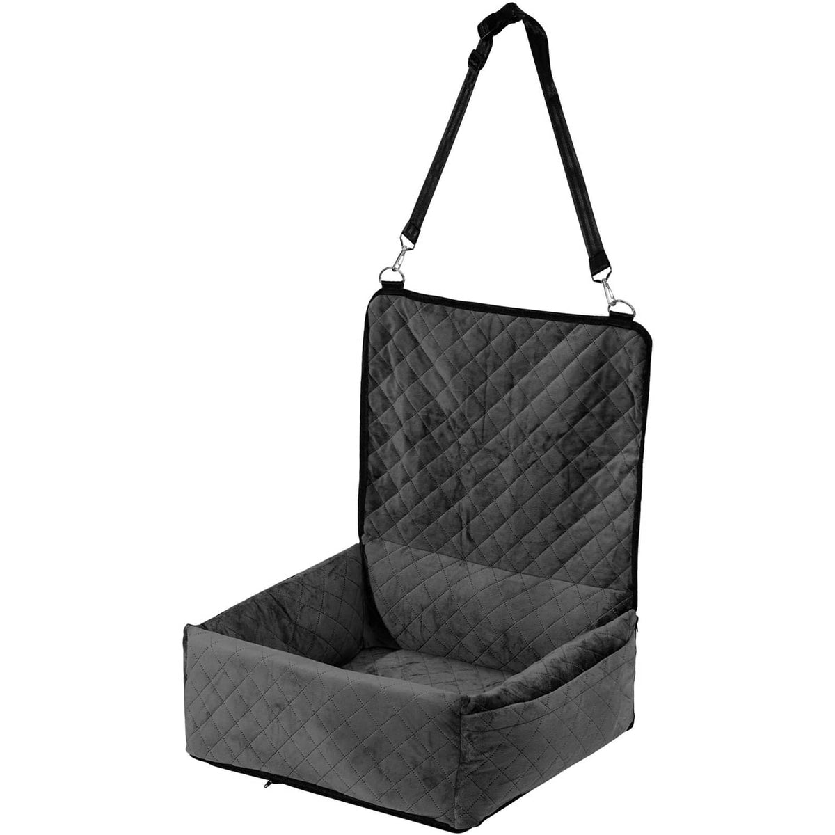Black quilted dog booster car seat with padded backrest, open front, top carrying strap handles