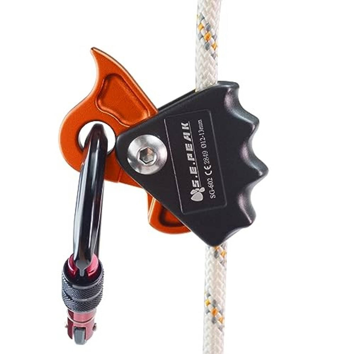 Rope grab ascender on rope with carabiner connector, orange latch plate