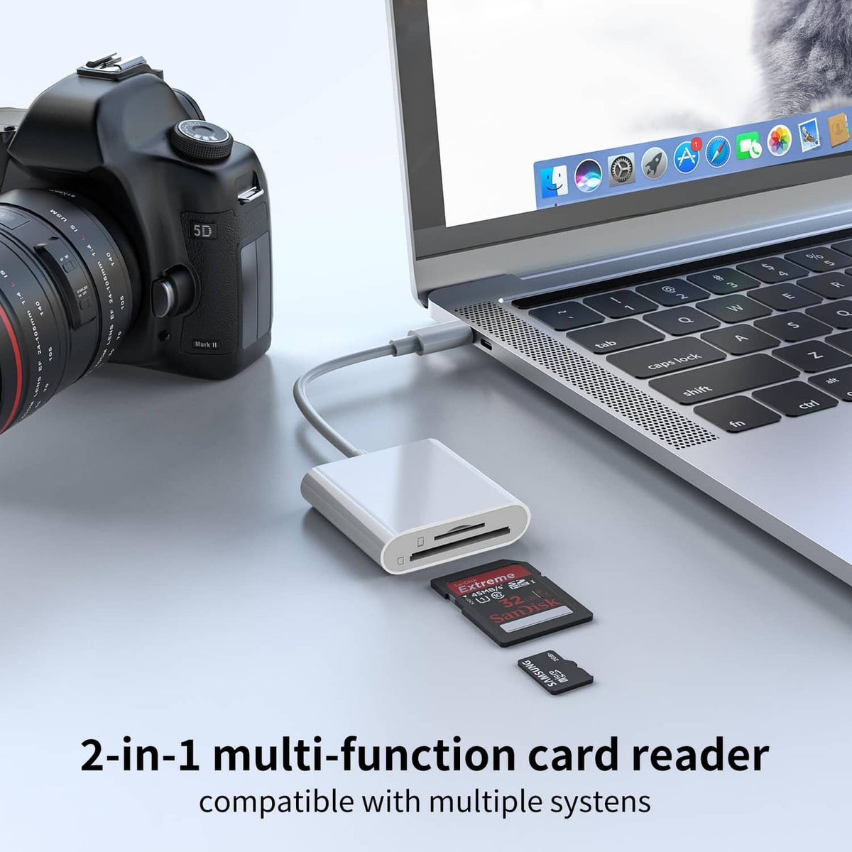 White USB-C SD and microSD reader connected to a laptop with SD cards inserted