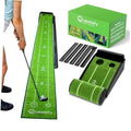 Green indoor putting mat with ball return track, two practice holes, non-slip base