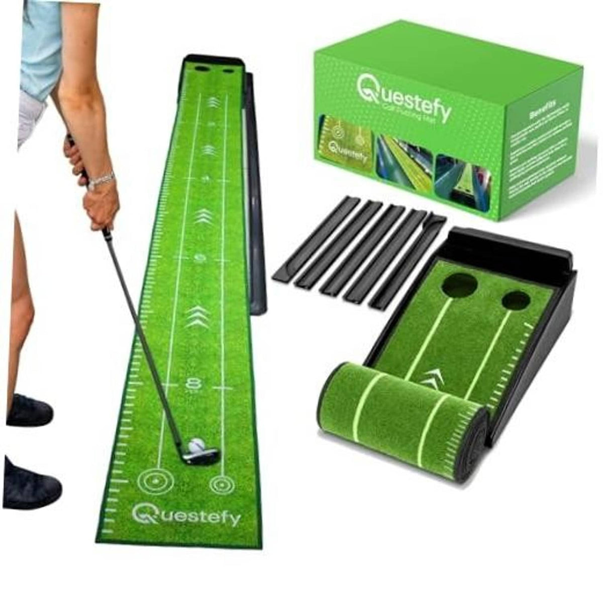 Green indoor putting mat with ball return track, two practice holes, non-slip base