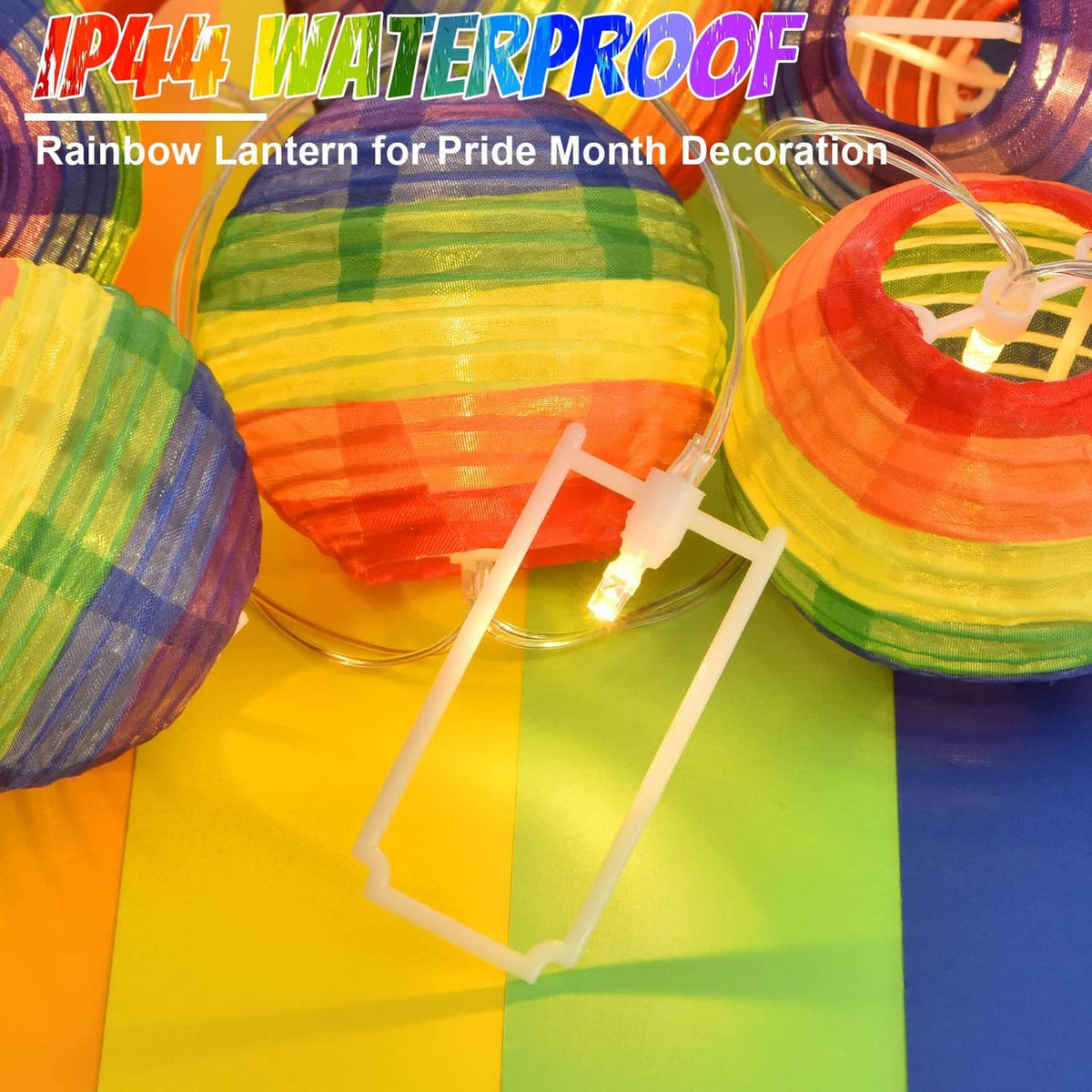 Rainbow lantern with support frame and string lights, nylon striped globe