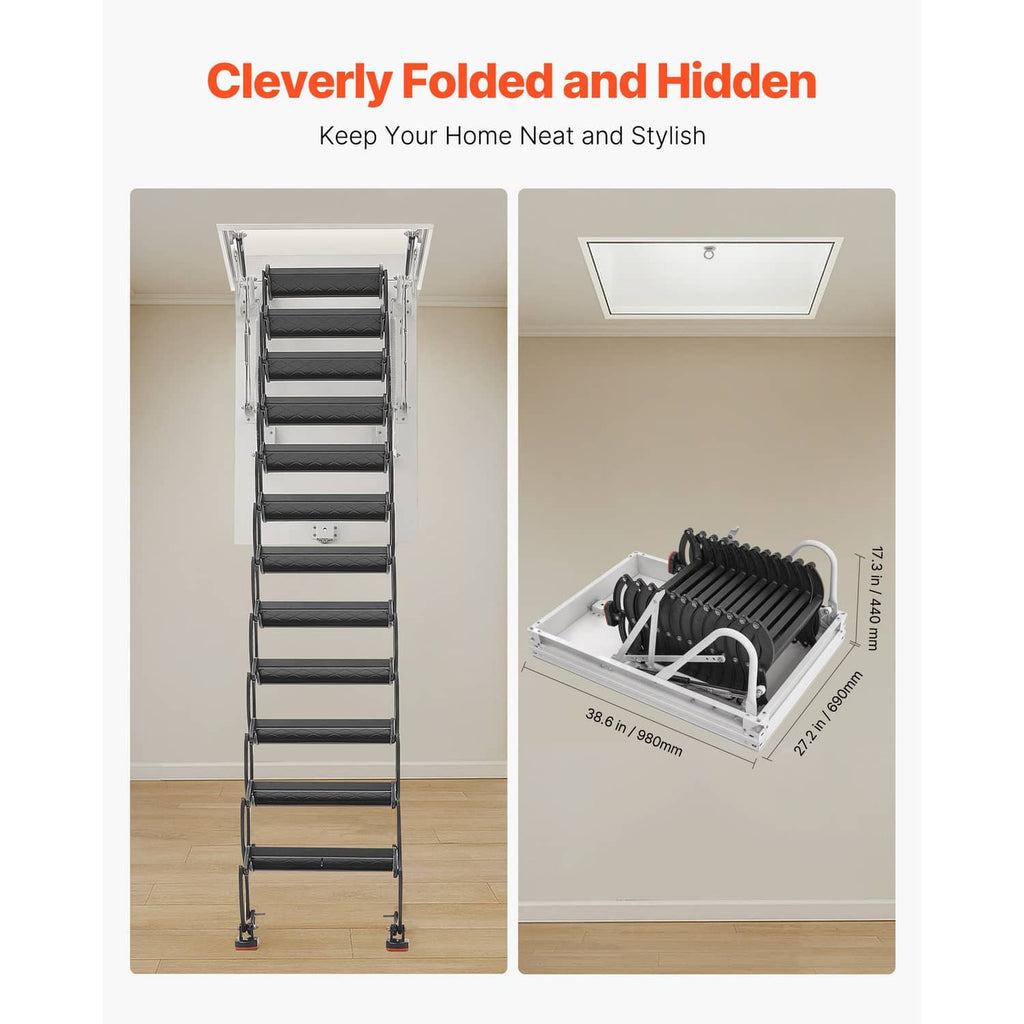 Folded ceiling attic ladder hidden in square hatch, black steps on metal frame