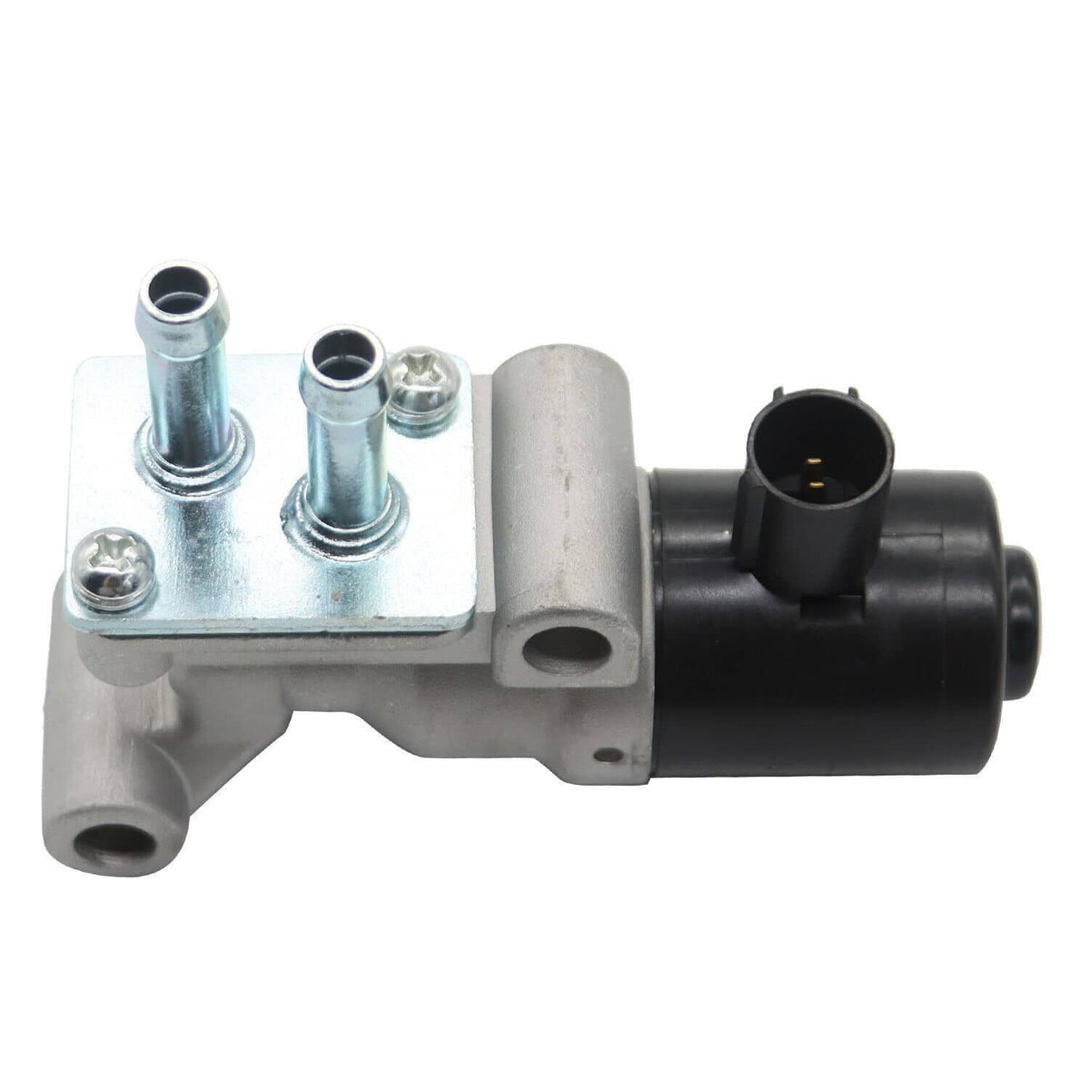 Idle air control valve with side ports, threaded studs, and black electrical connector