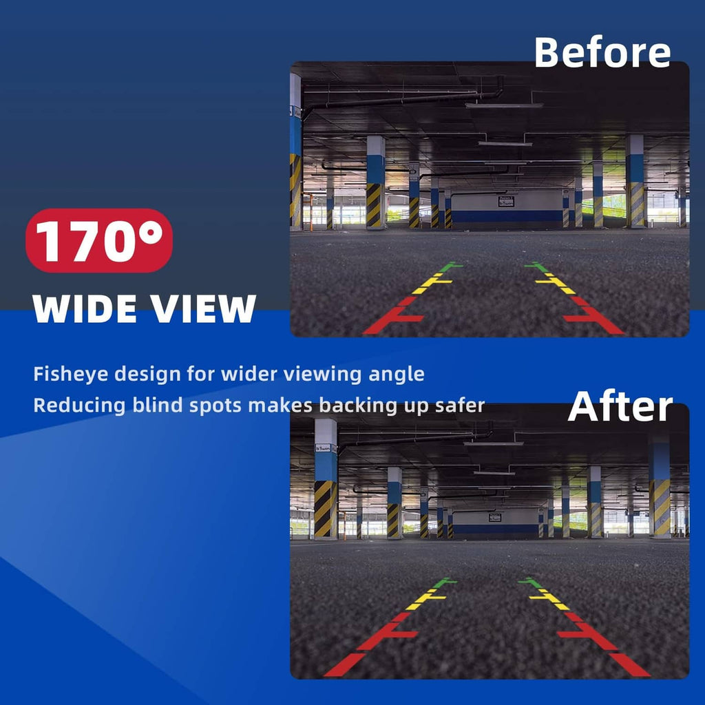 Backup camera wide view parking display comparison with guide lines