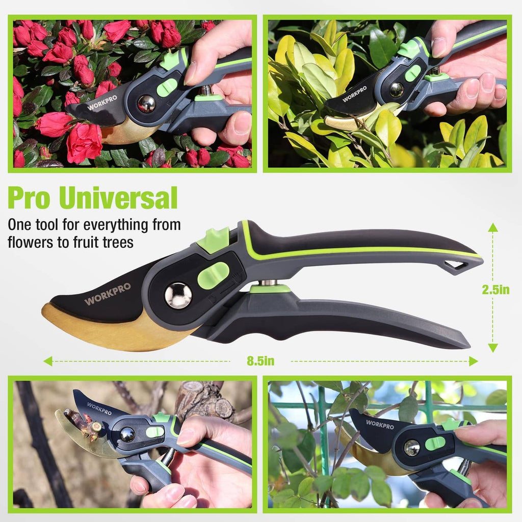 Bypass pruning shears for garden use with tan blade, black frame, and green button