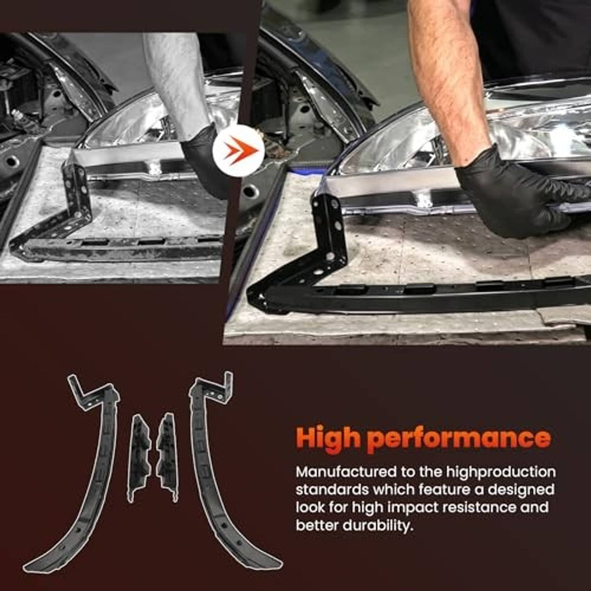 Black bumper bracket retainer kit with mounting bars and clips during installation
