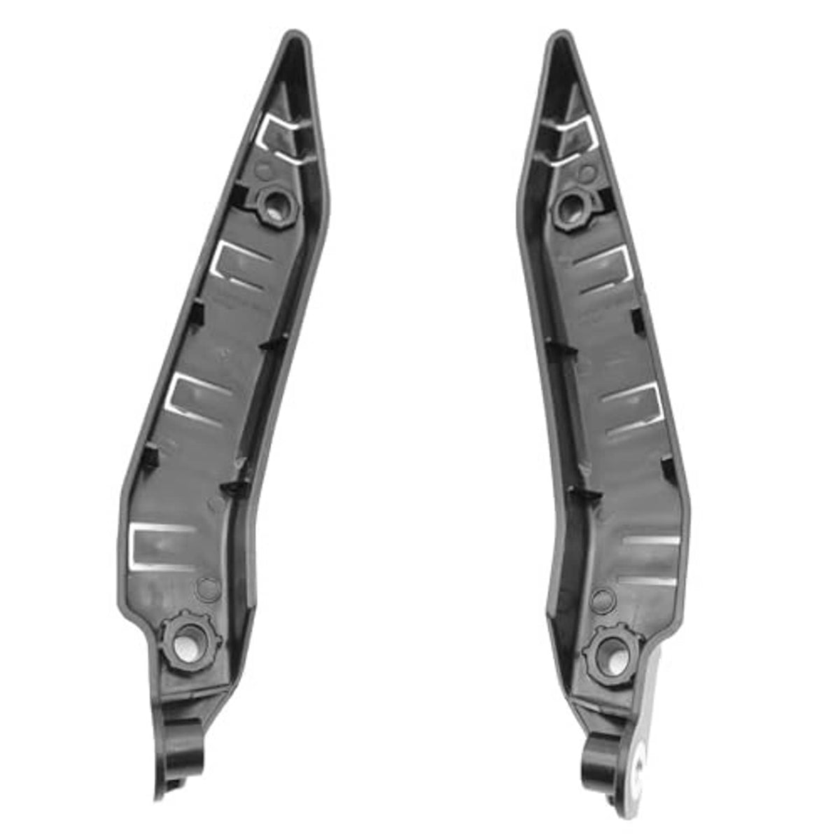 Front bumper bracket retainer set, rear views of two dark gray side brackets