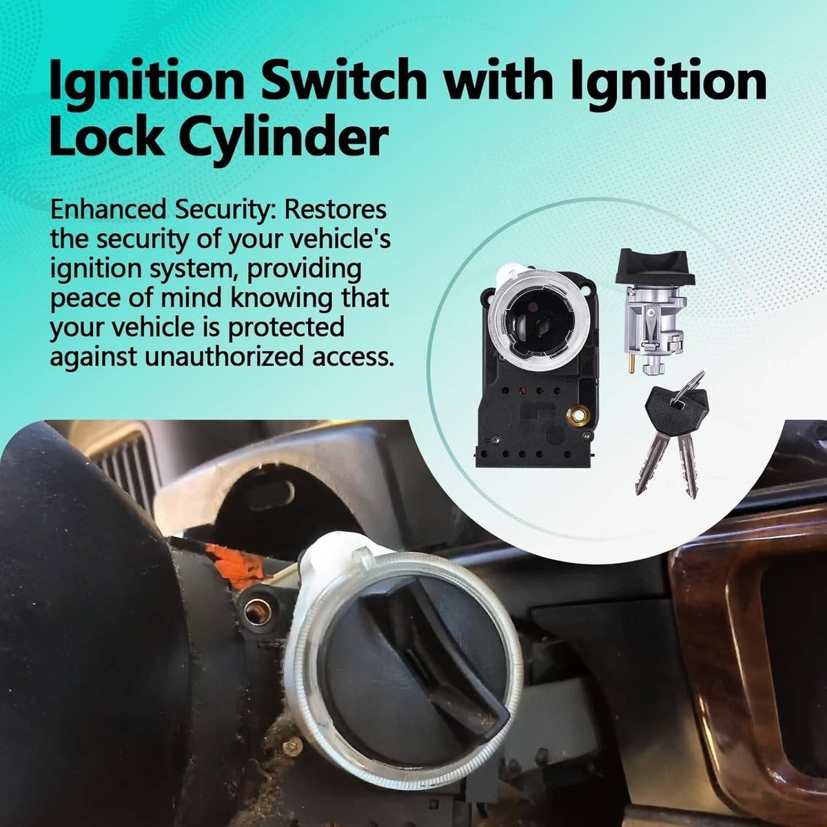 Ignition switch lock cylinder assembly with keys, showing black housing and metal lock.