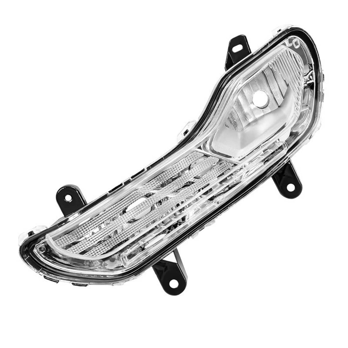 Driver-side LH fog light lamp, clear lens with chrome mesh center and black mounting tabs