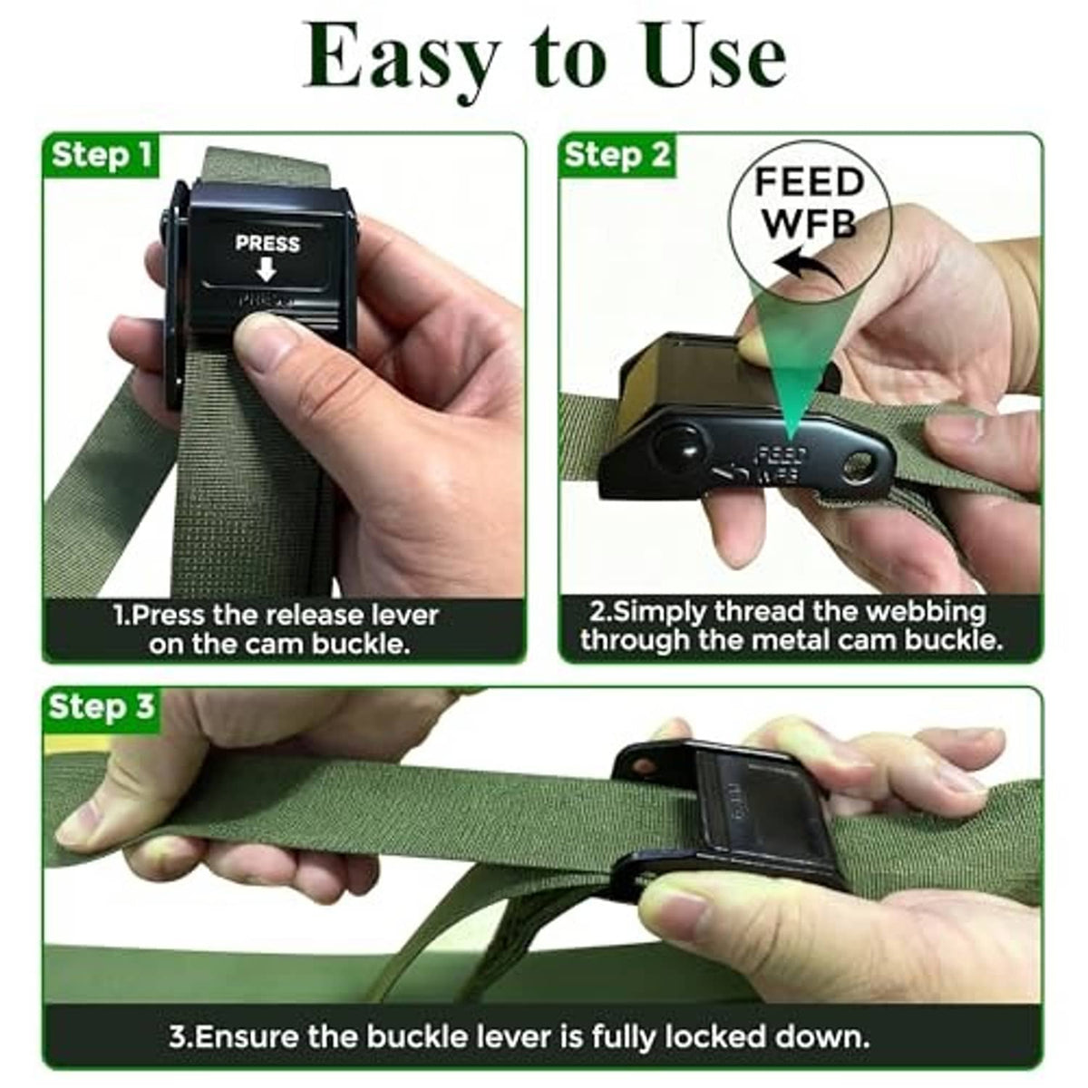 Green webbing strap with metal cam buckle, shown tightened and released