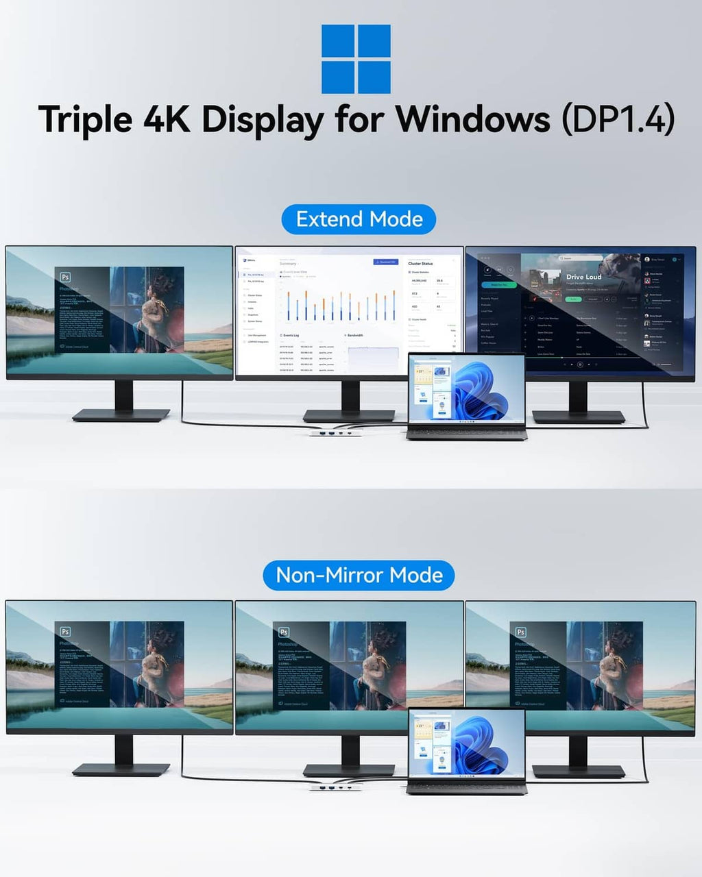 Silver USB-C docking station for triple 4K display with extend and non-mirror modes