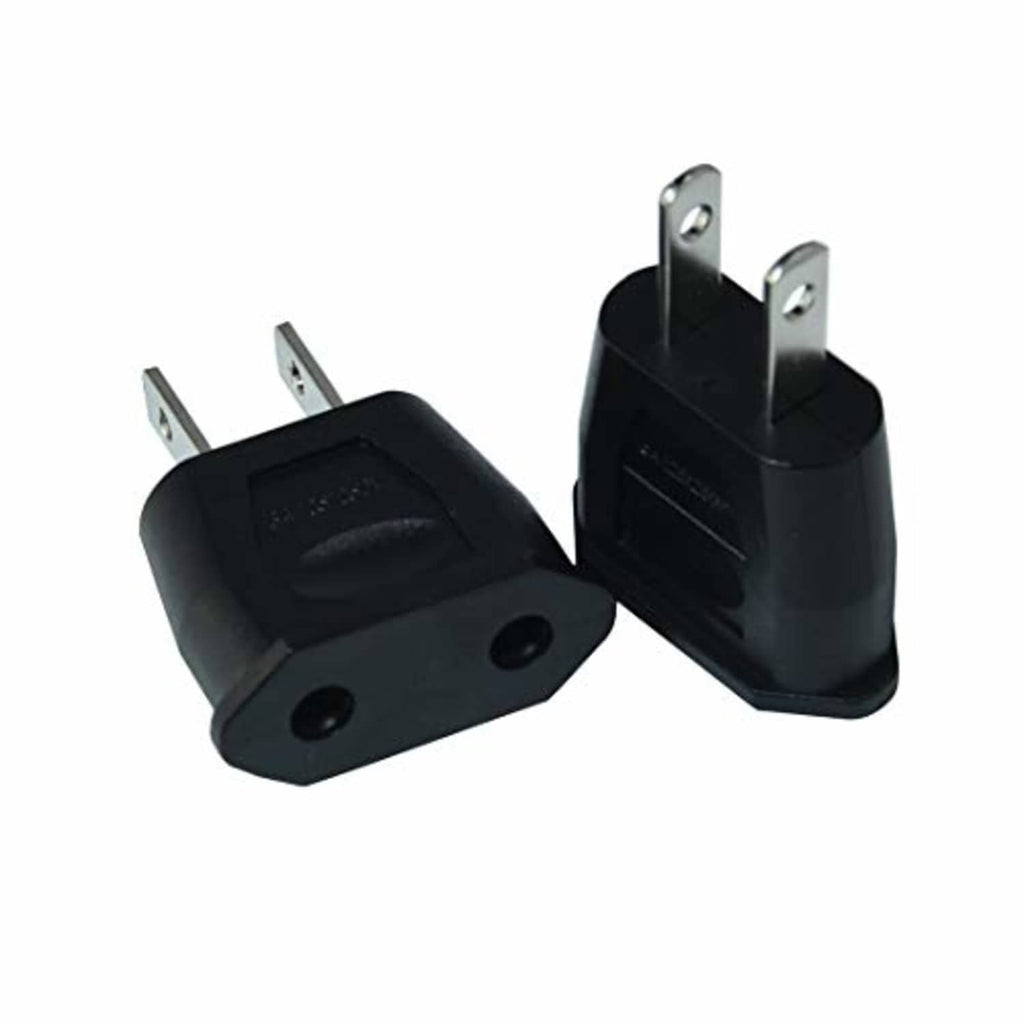 Black travel plug adapter pair with two U.S. flat pins and side holes