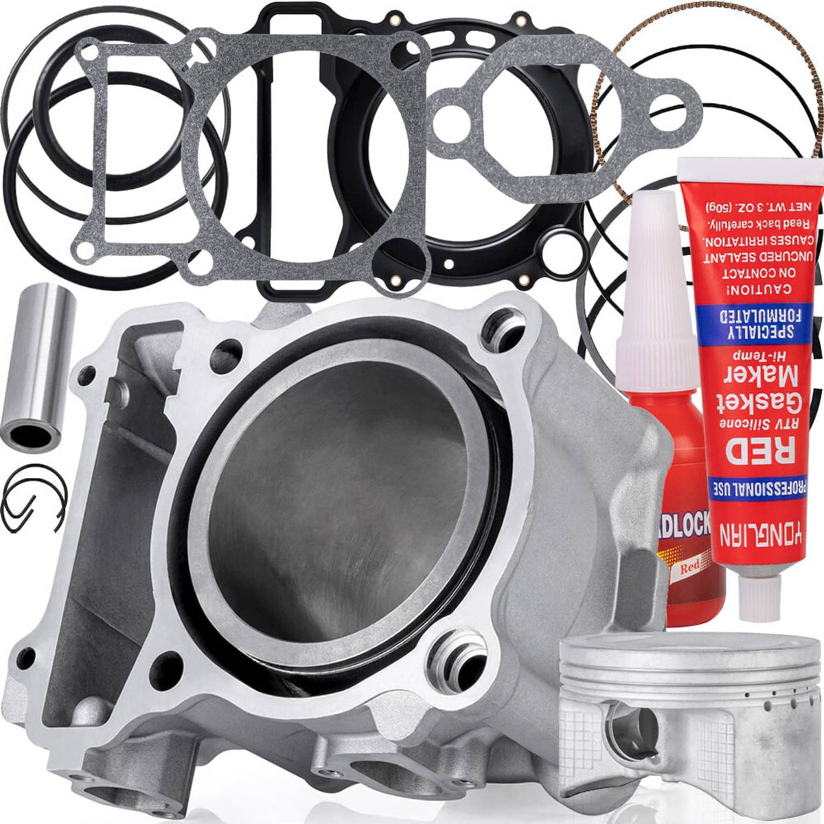 Silver metal cylinder with piston rings and gasket set included