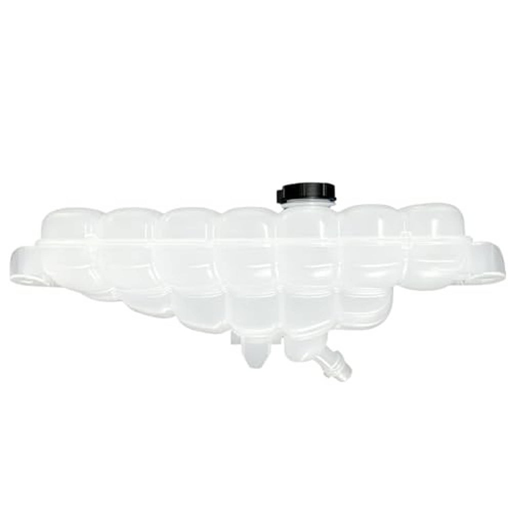 White coolant overflow reservoir tank with black cap, top view showing vent area
