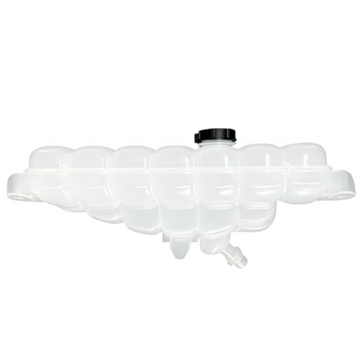 White coolant overflow reservoir tank with black cap, top view showing vent area